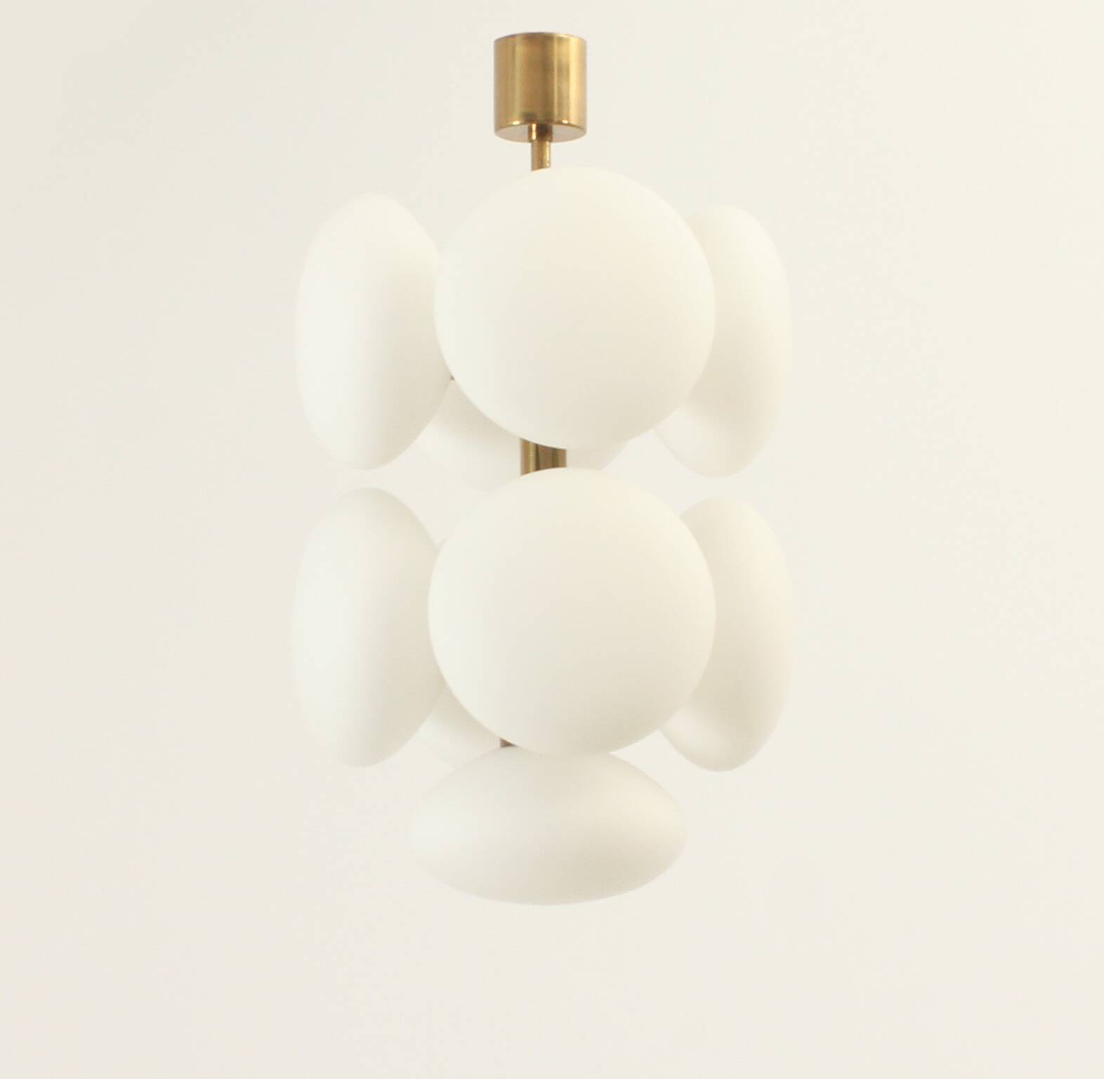 Brass and opaline Sputnik chandelier by Kaiser Leuchten, Germany, 1960s.