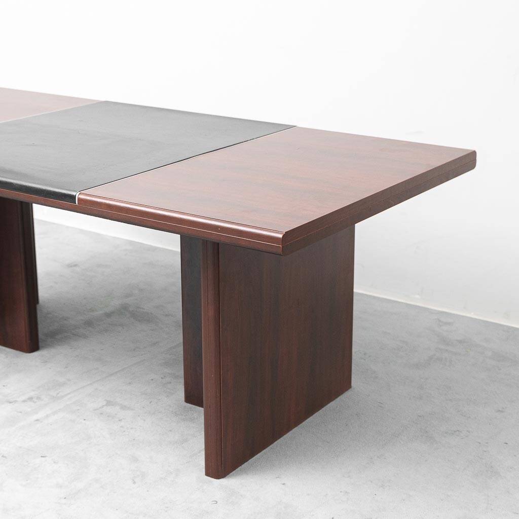 Vintage wooden desk with black faux leather insert – 1970s modernist design