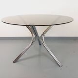 Vintage round dining table in smoked glass and chromed metal, Space Age style, from the 70s