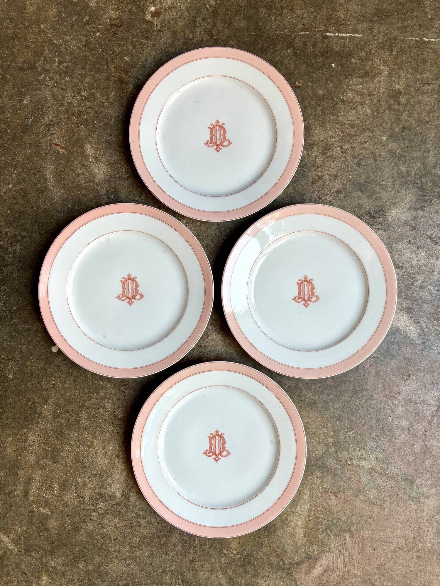 4 monogrammed pink porcelain dessert plates