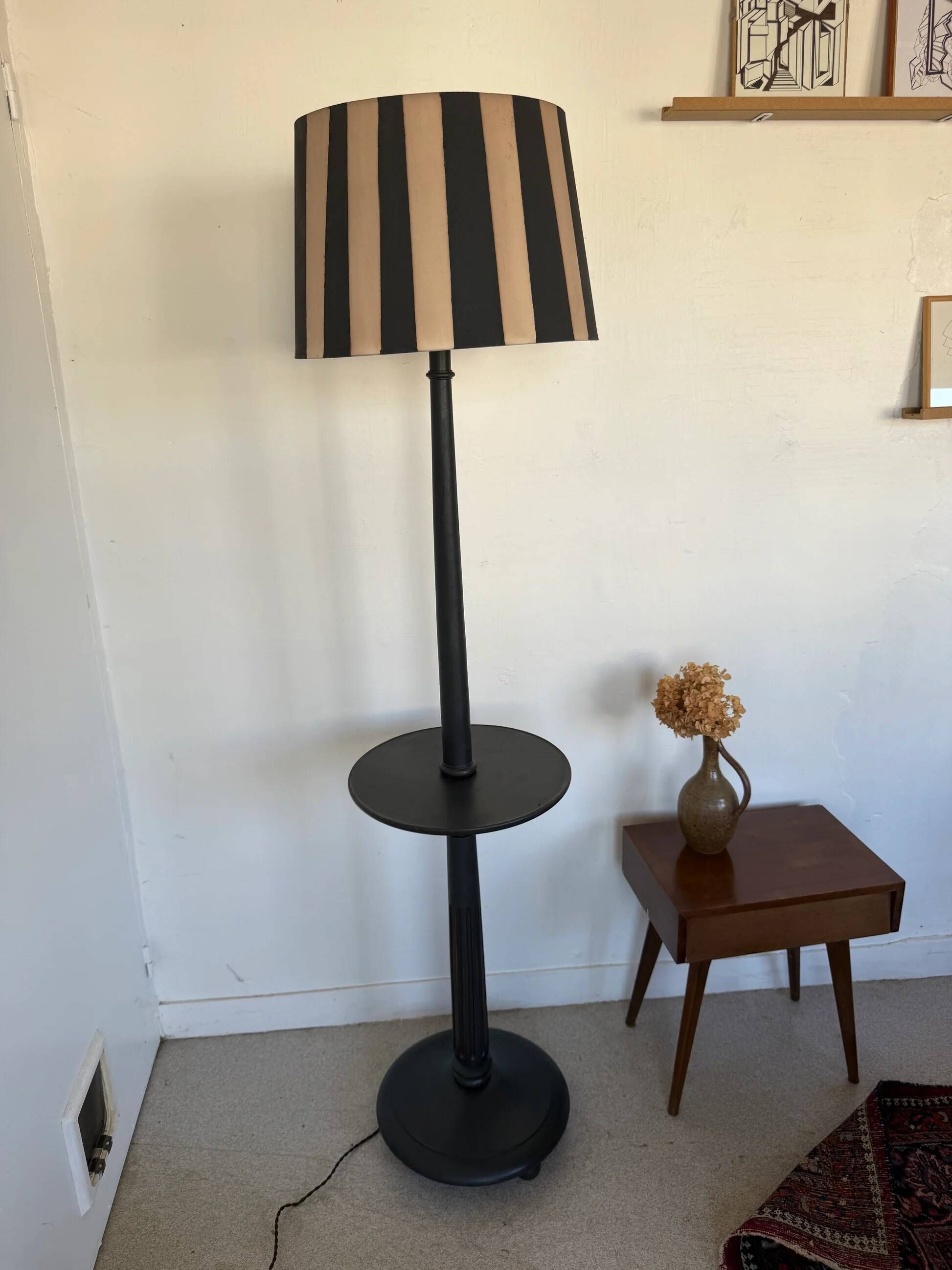 Vintage floor lamp in black patinated wood and striped lampshade