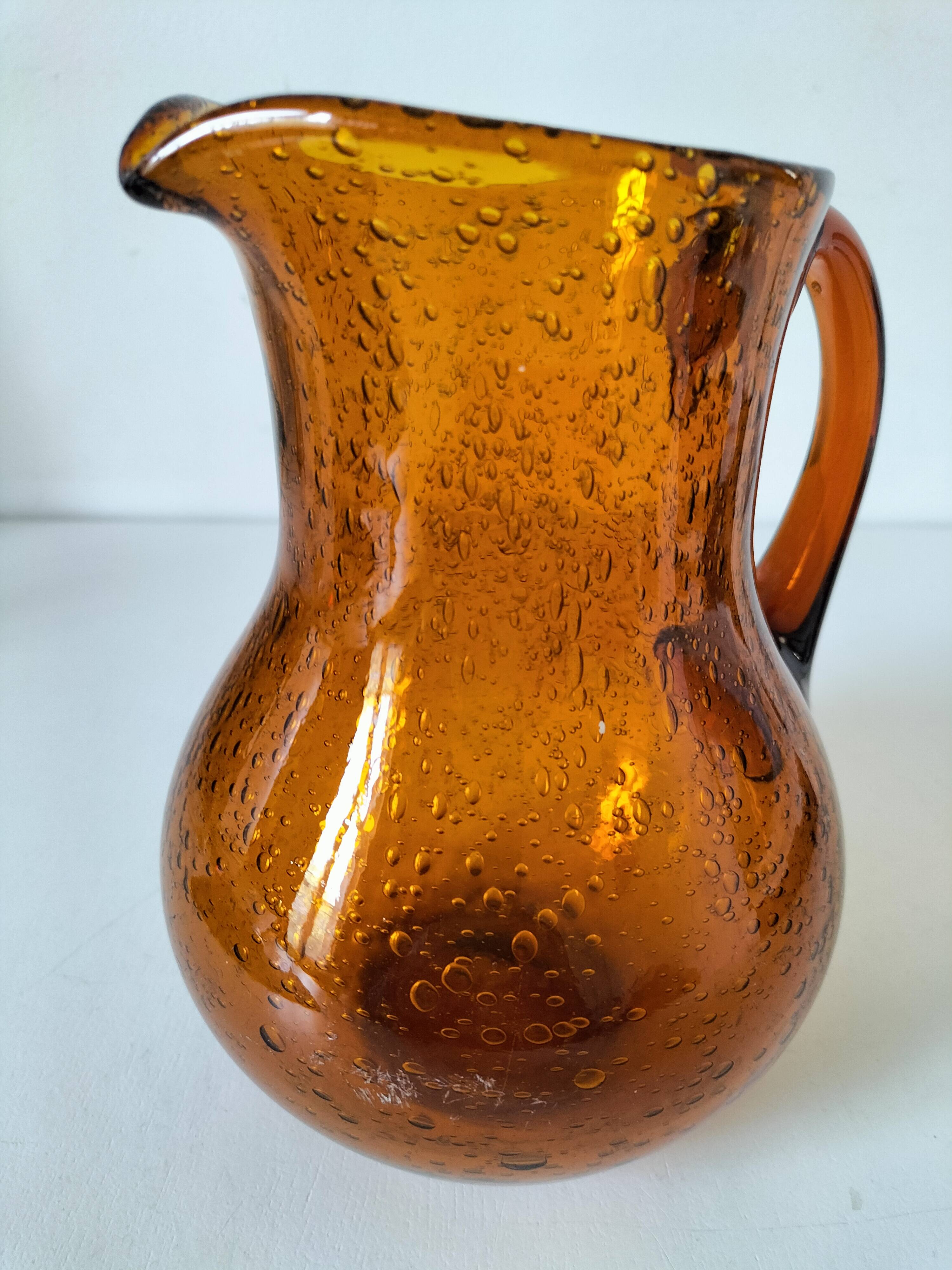 Blown glass pitcher with bubbles from Biot – amber colour