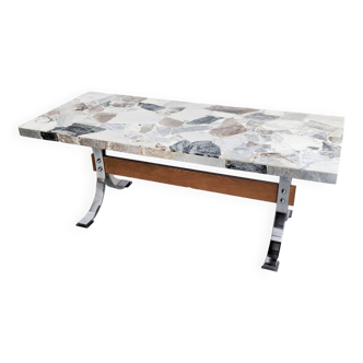 Table basse vintage en marbre et chrome 1970