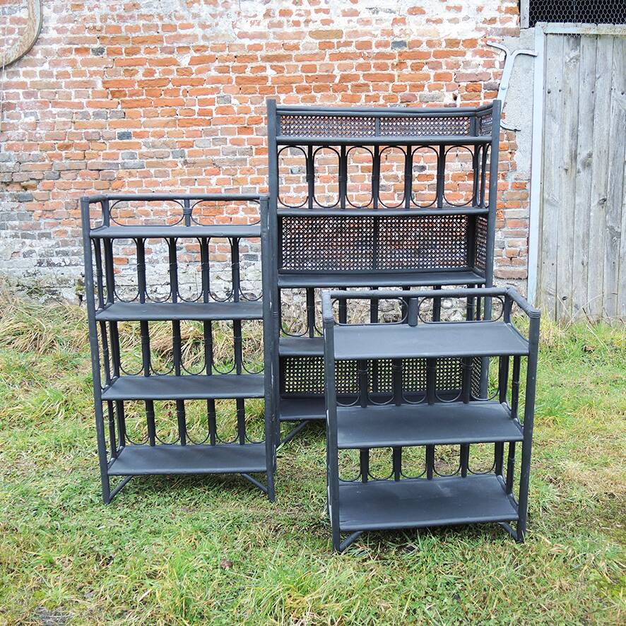 3 Antique Black Rattan Bookcases and Shelves
