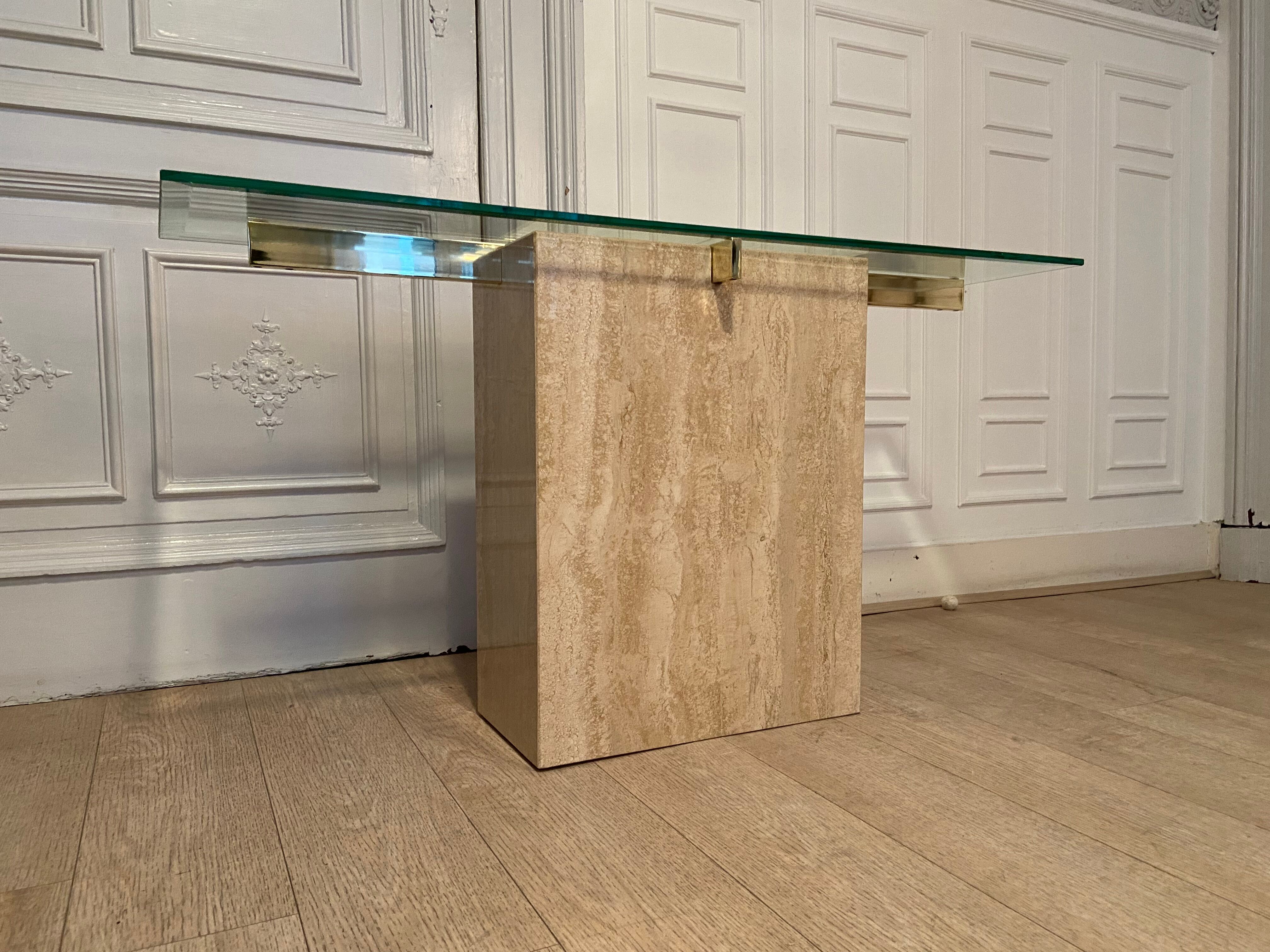 Travertine console and gold metal cross, Italy, 1970s
