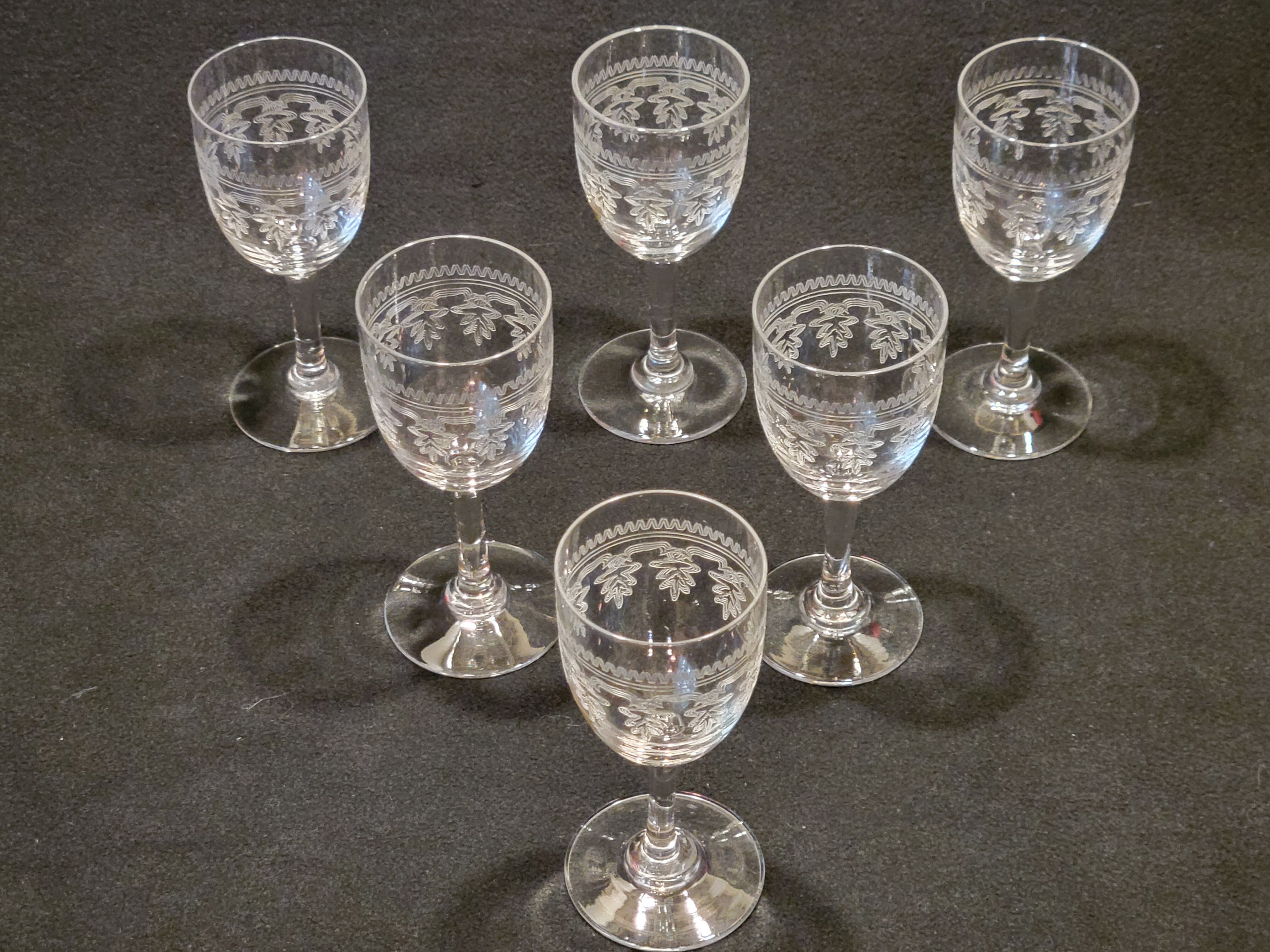 6 old Port stemmed glasses in engraved baccarat crystal