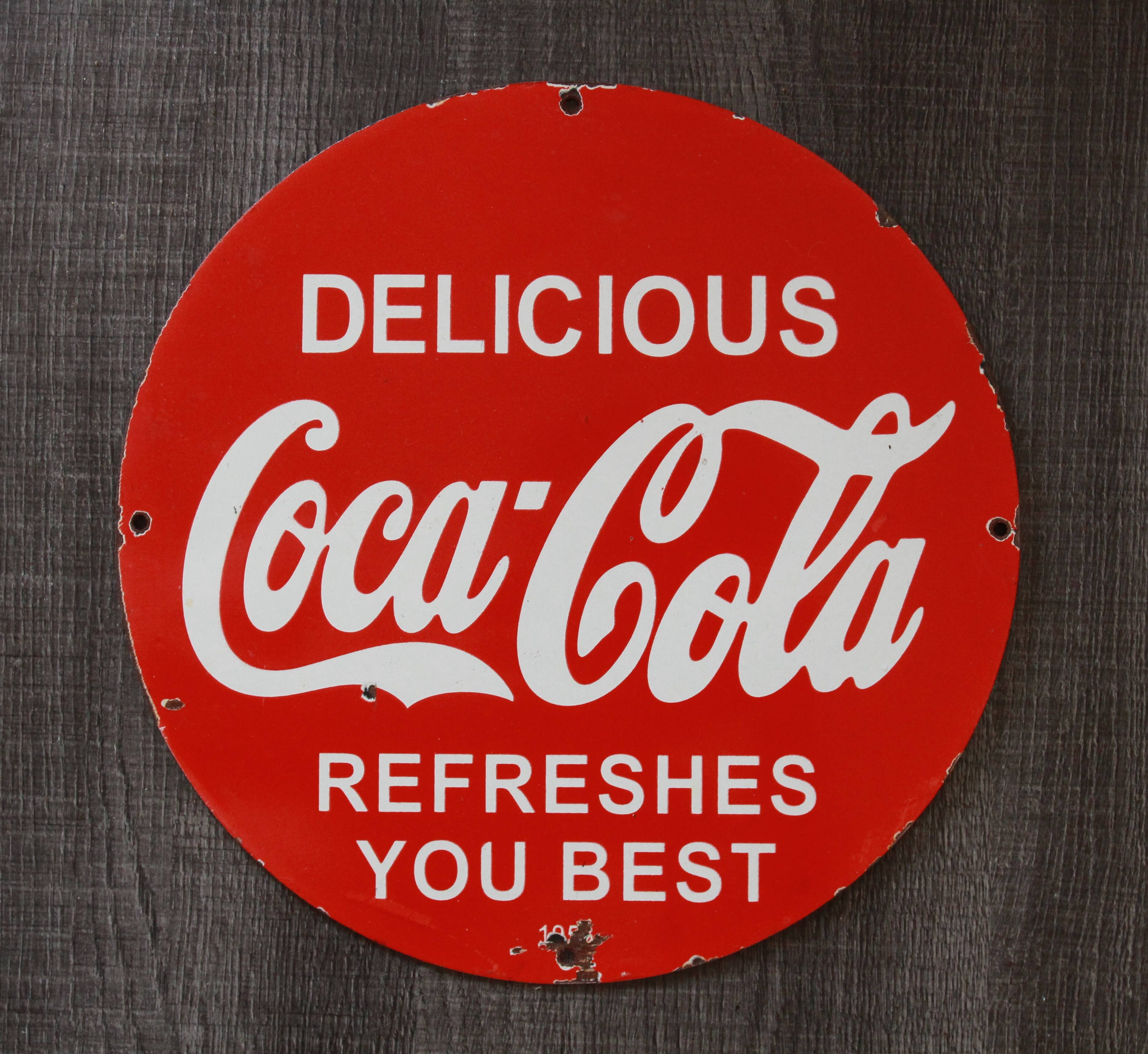 Coca-Cola enamelled ad "Delicious Coca-Cola Refreshes You Best" 1950's USA