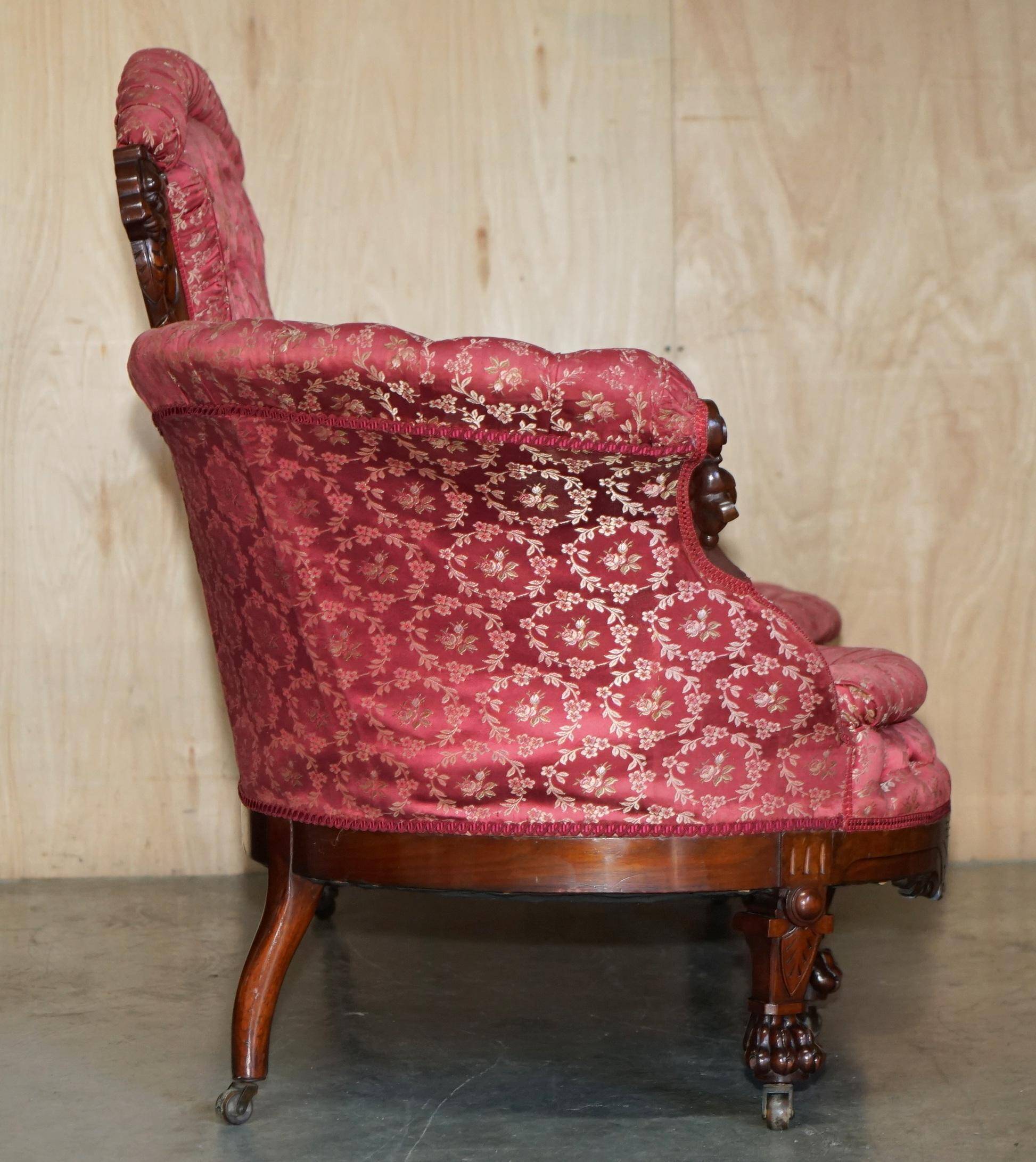 Canapé bibliothécaire victorien en acajou sculpté avec lions