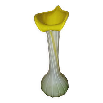 Green and yellow Murano blown glass flower corolla vase