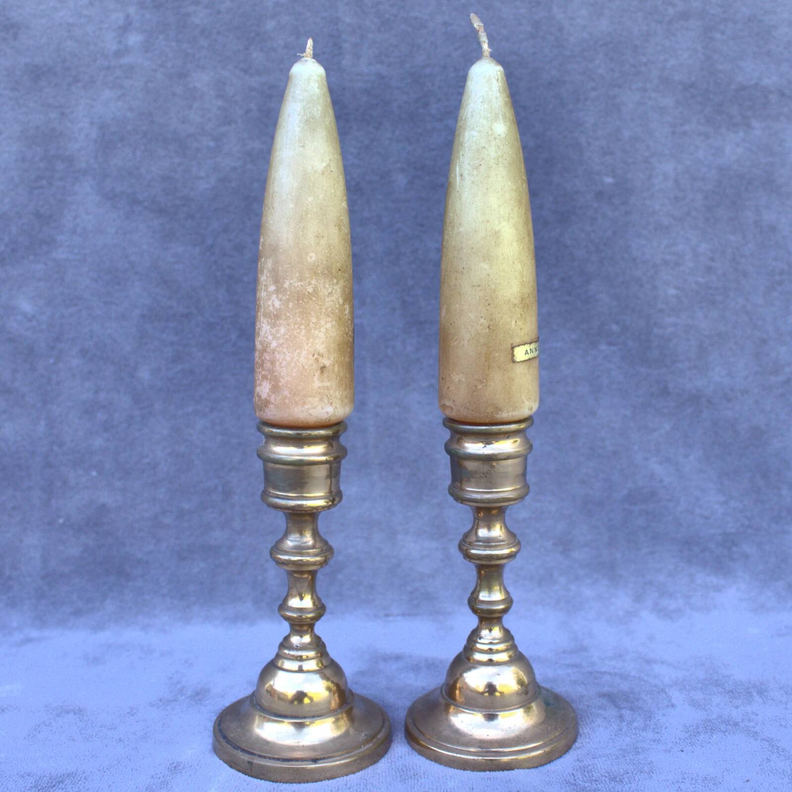 Vintage Set of 2 Brass Candle Holders with Antique Candles, Elegant Home Decor