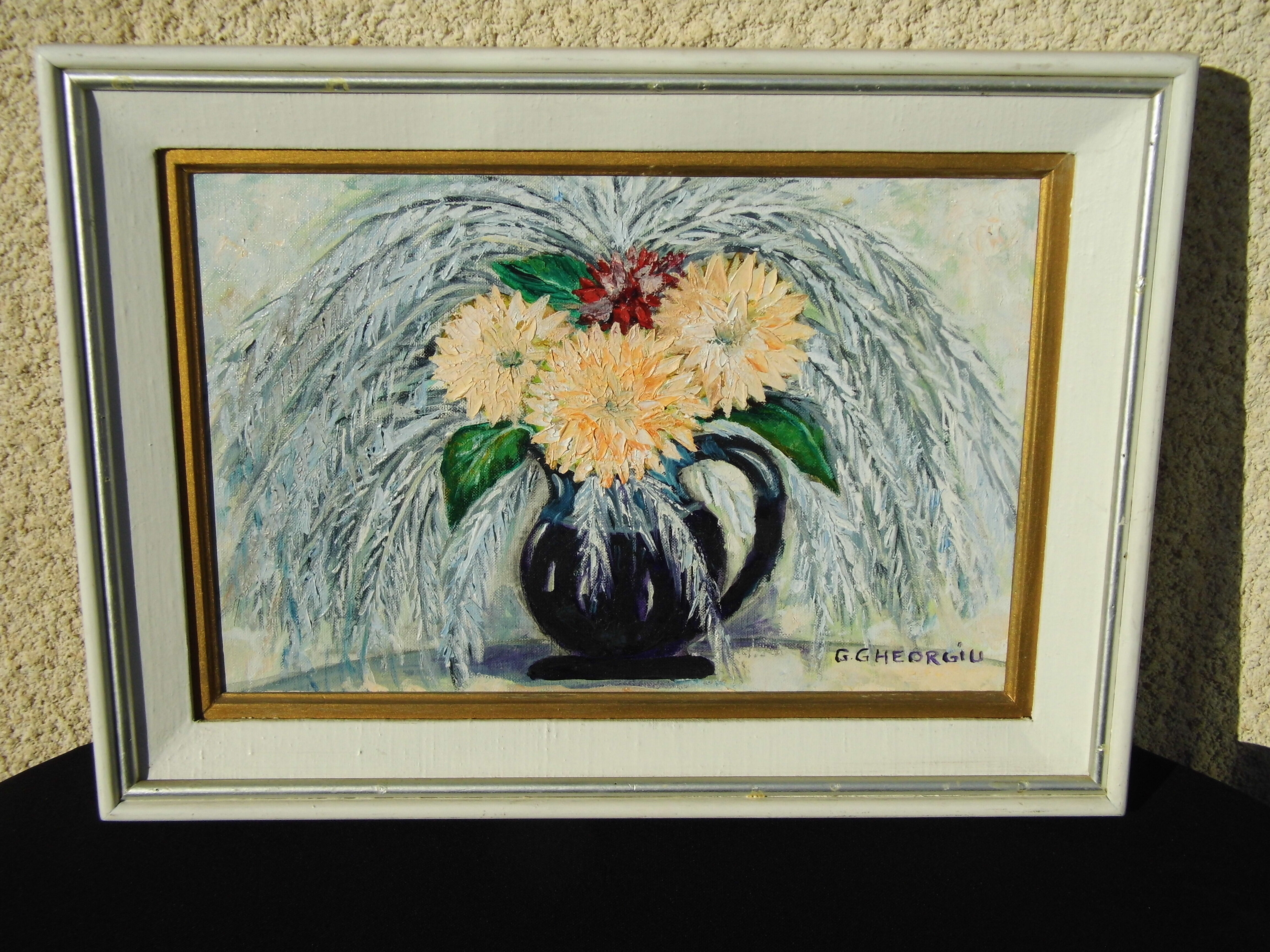 Ancient painting oil on canvas sign g. gheorgiu vase of flowers peony tbe