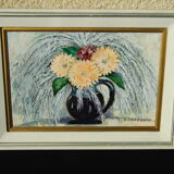 Tableau ancien huile sur toile signe g. gheorgiu vase de fleurs pivoine tbe