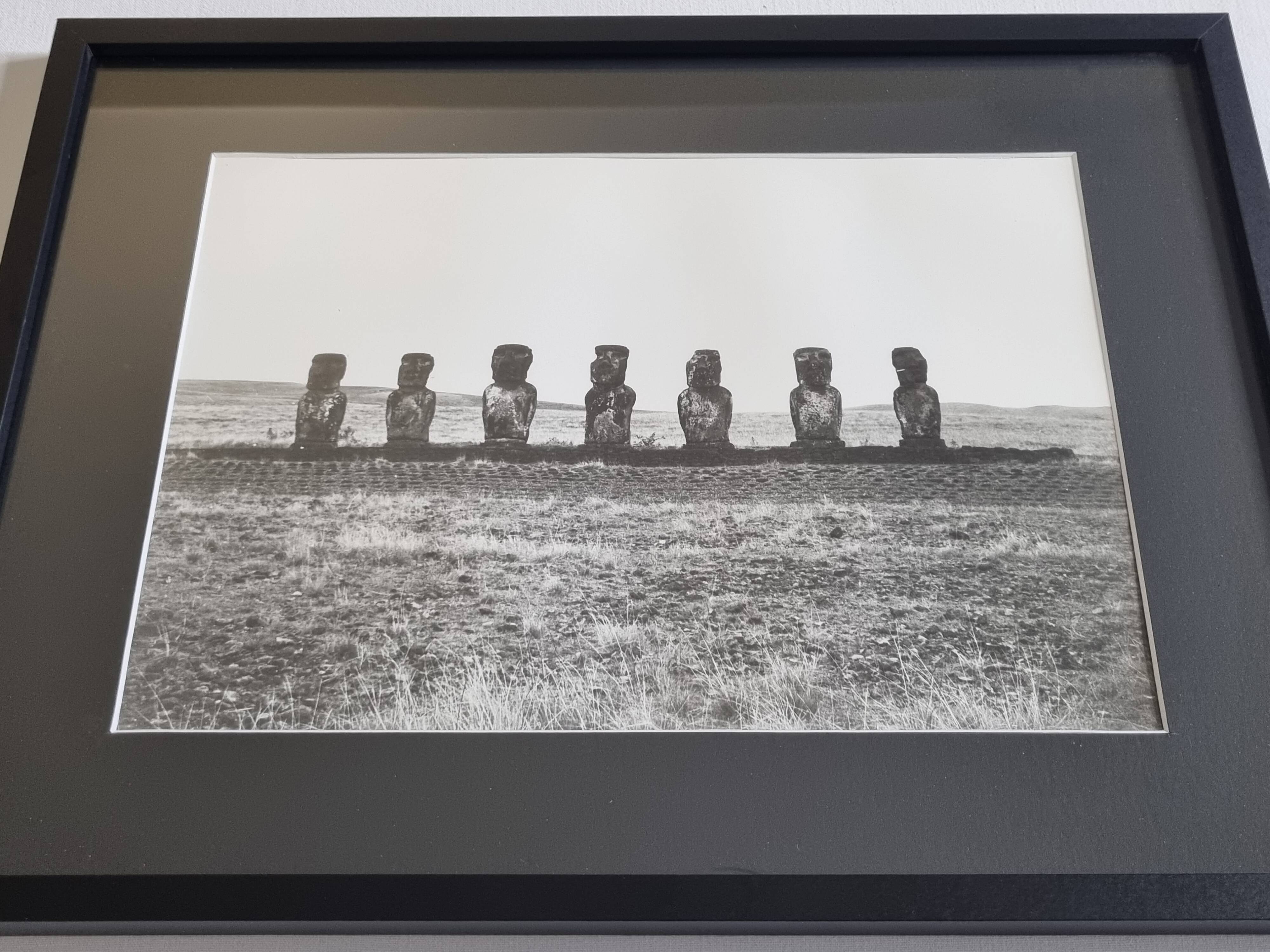Vintage framed silver print, Moais of Easter Island, ethnological mission from 1970