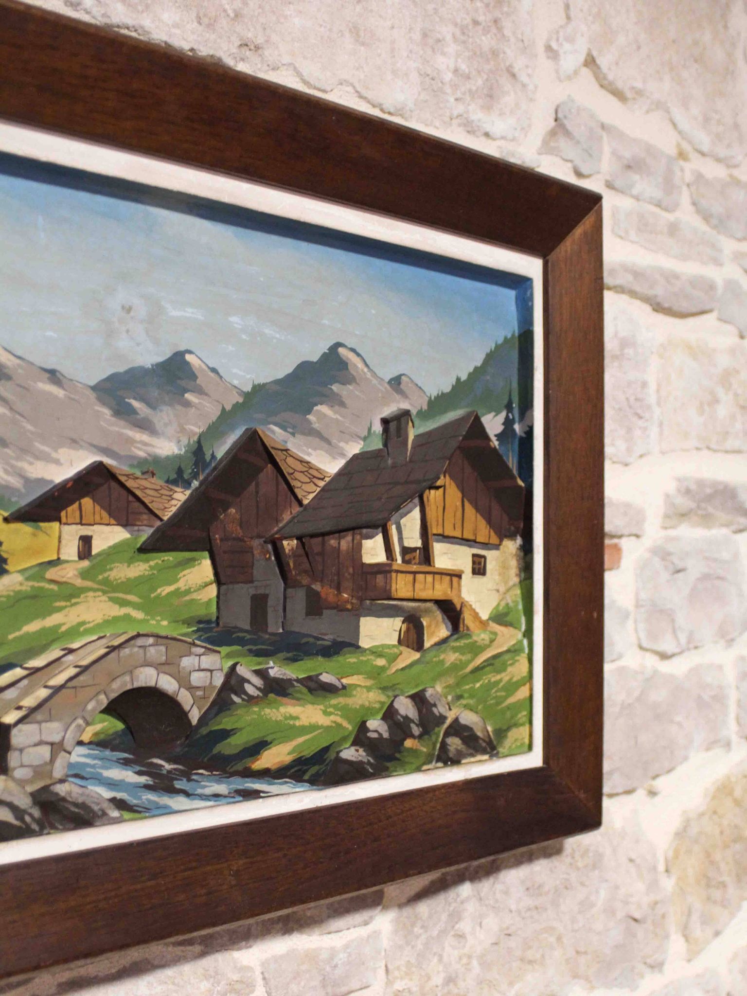 Oil on carved panel in relief, Alpine chalet