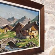 Oil on carved panel in relief, Alpine chalet