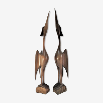 Pair of birds sculptural solid wood design 60s-70s