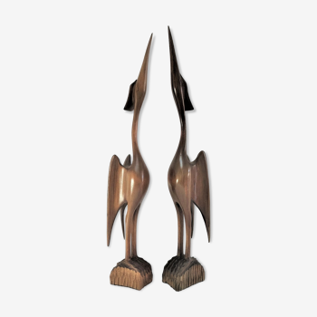 Paire d'oiseaux sculpturaux bois massif design années 60-70