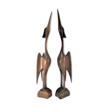 Paire d'oiseaux sculpturaux bois massif design années 60-70