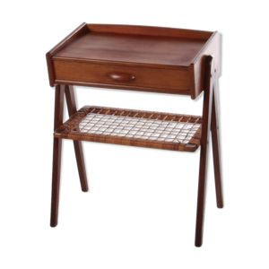 table de chevet danoise avec grille en rotin et tiroir, Danemark des années 1960