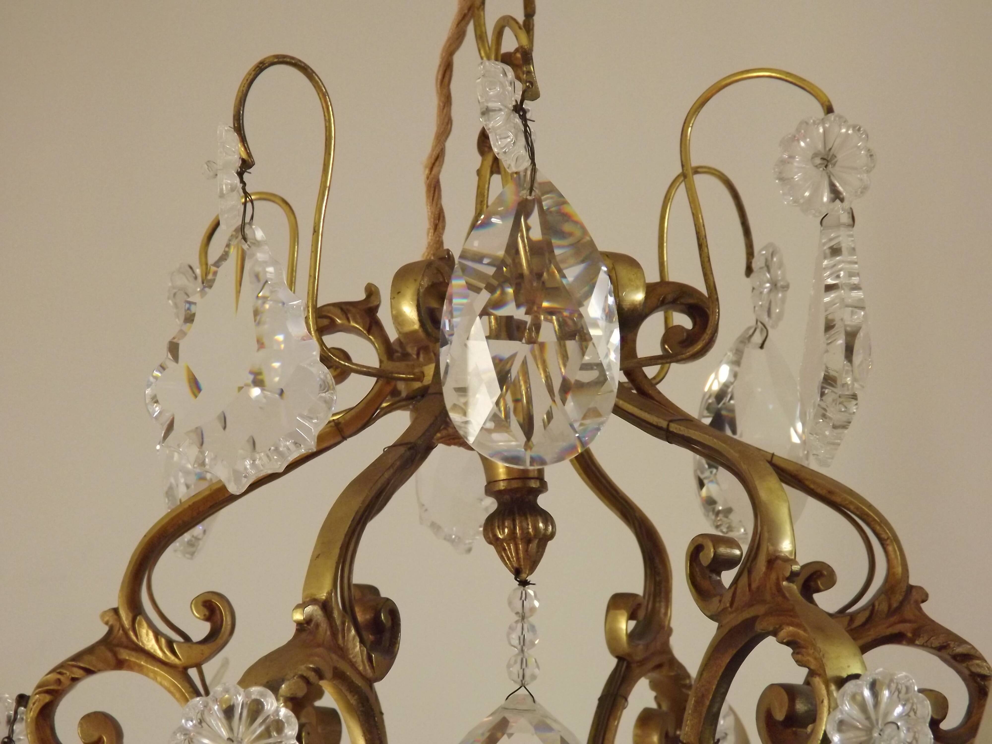 French Art Nouveau chandelier with 6 lights in bronze and crystal Acanthus 5552