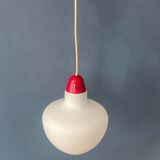 Vintage opal glass pendant light with red top and ceiling cover
