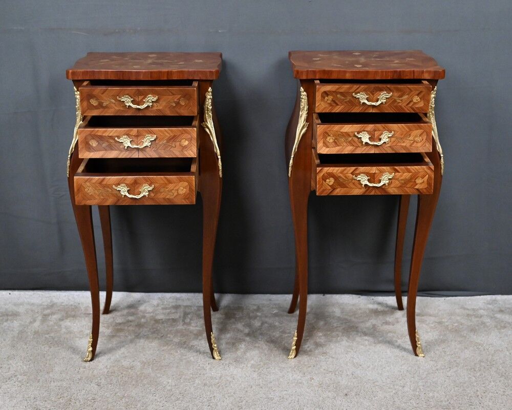 Pair of bedside tables in marquetry, Louis XV style – Mid 20th century
