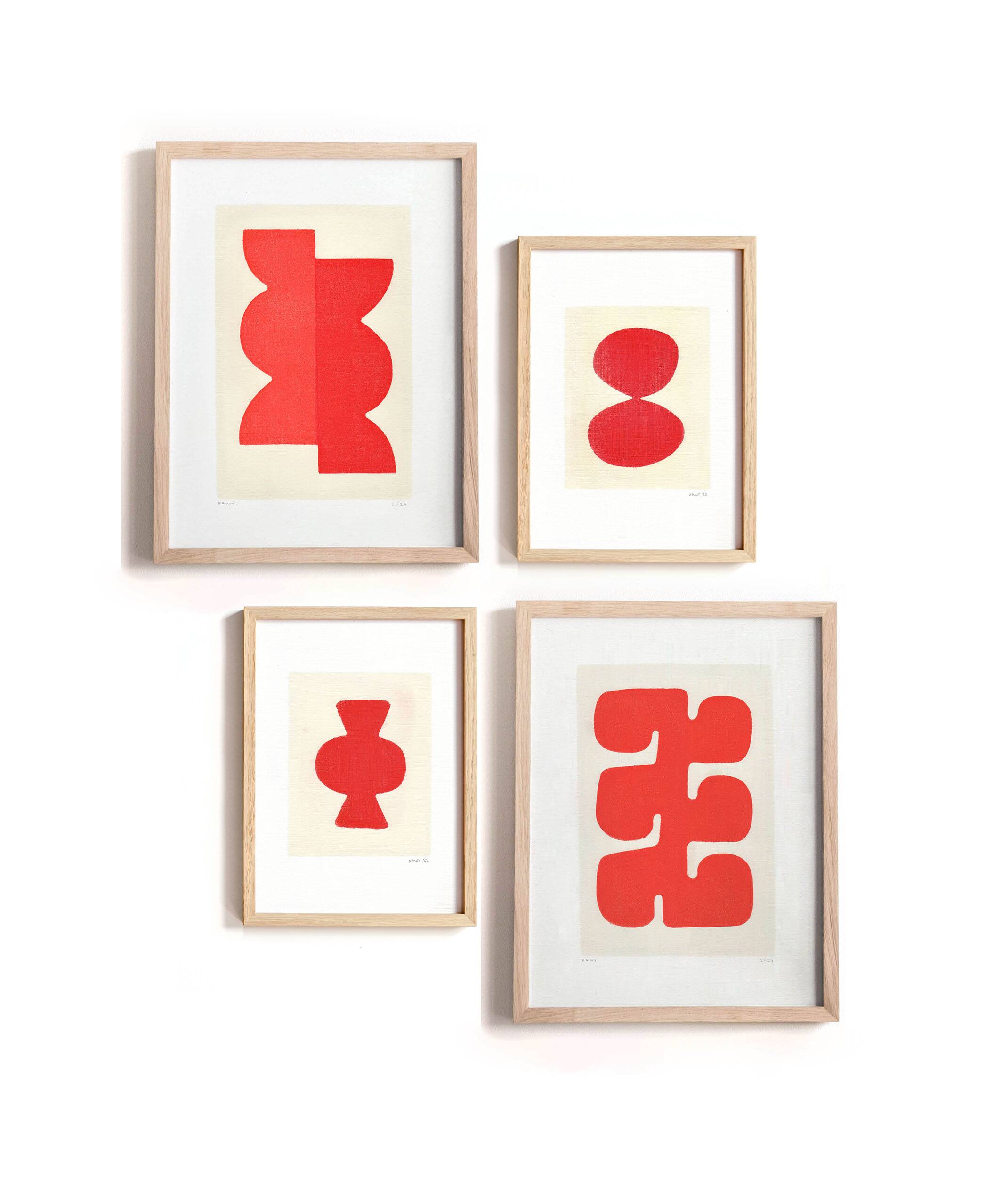 Collection of 4 abstract red paintings on paper signed Eawy