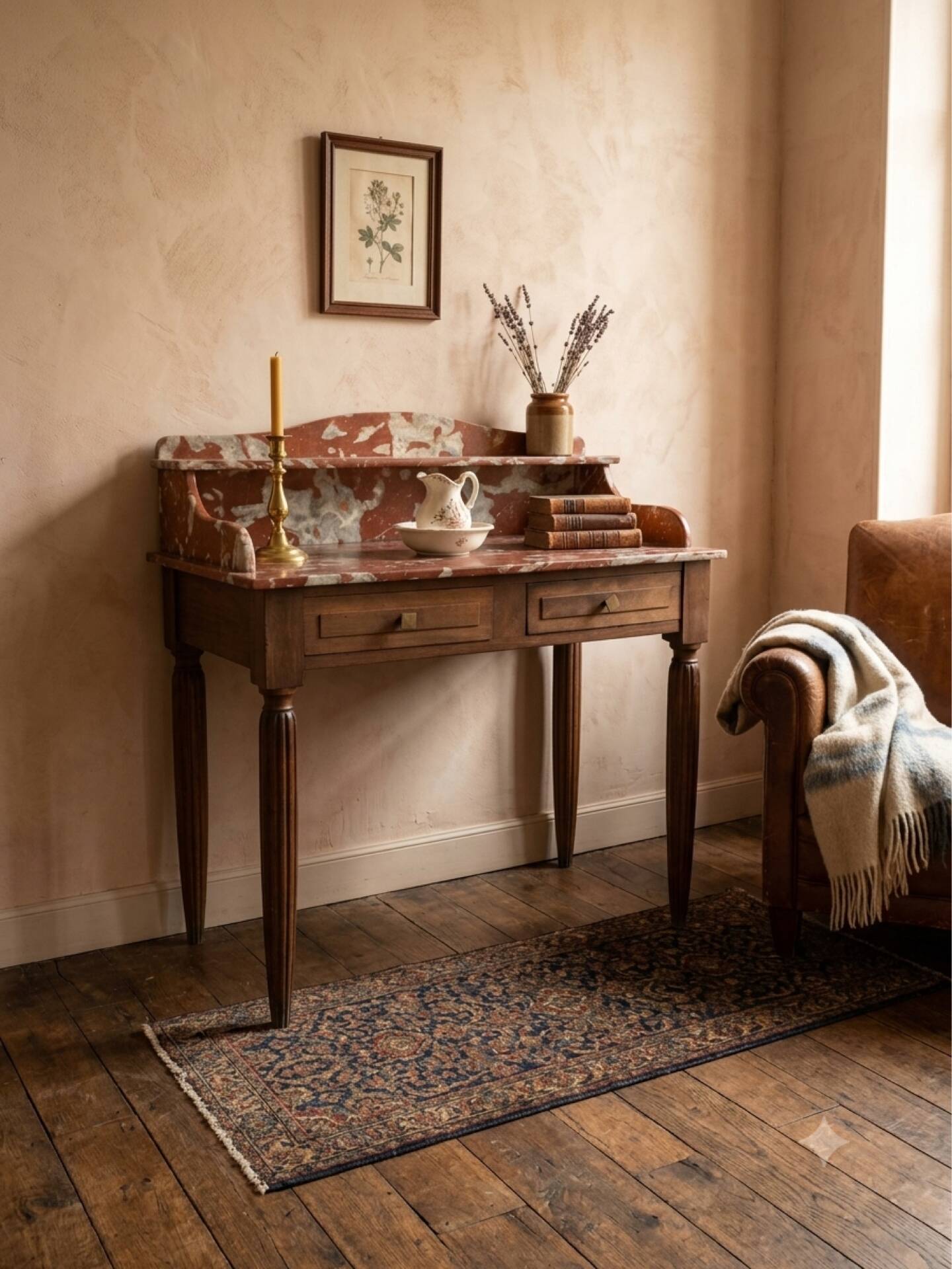 Art Deco console in walnut and marble.