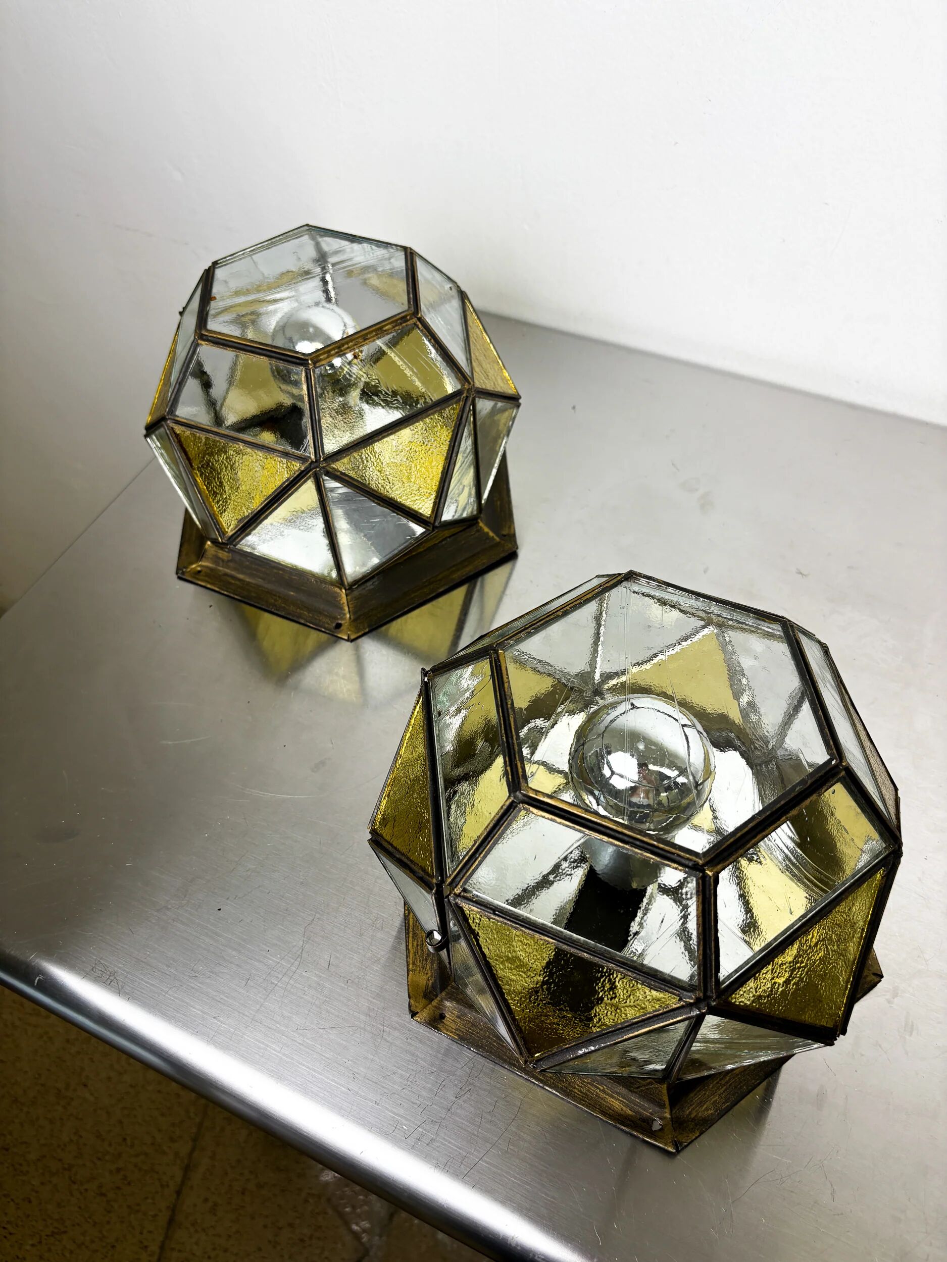 Pair of mid-century cubist blown glass ceiling lights, Germany, 1960s