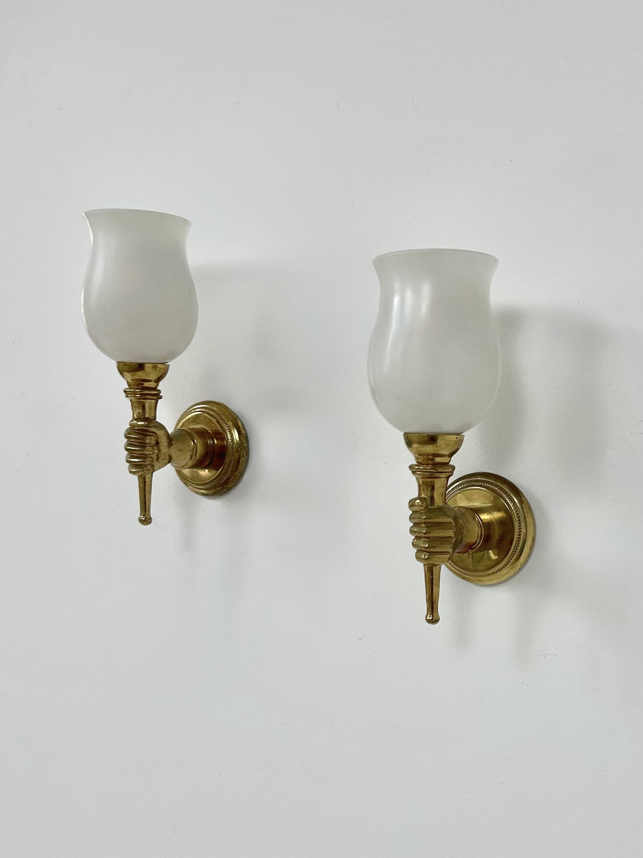 Pair of vintage wall lights, Maison Jansen, brass and opaline, France, 1960.