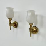 Pair of vintage wall lights, Maison Jansen, brass and opaline, France, 1960.