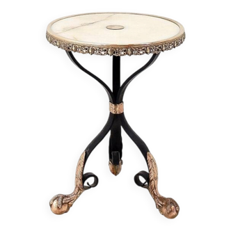 Tripod gueridon in wrought iron with brass decorations and alabaster top - 1950s