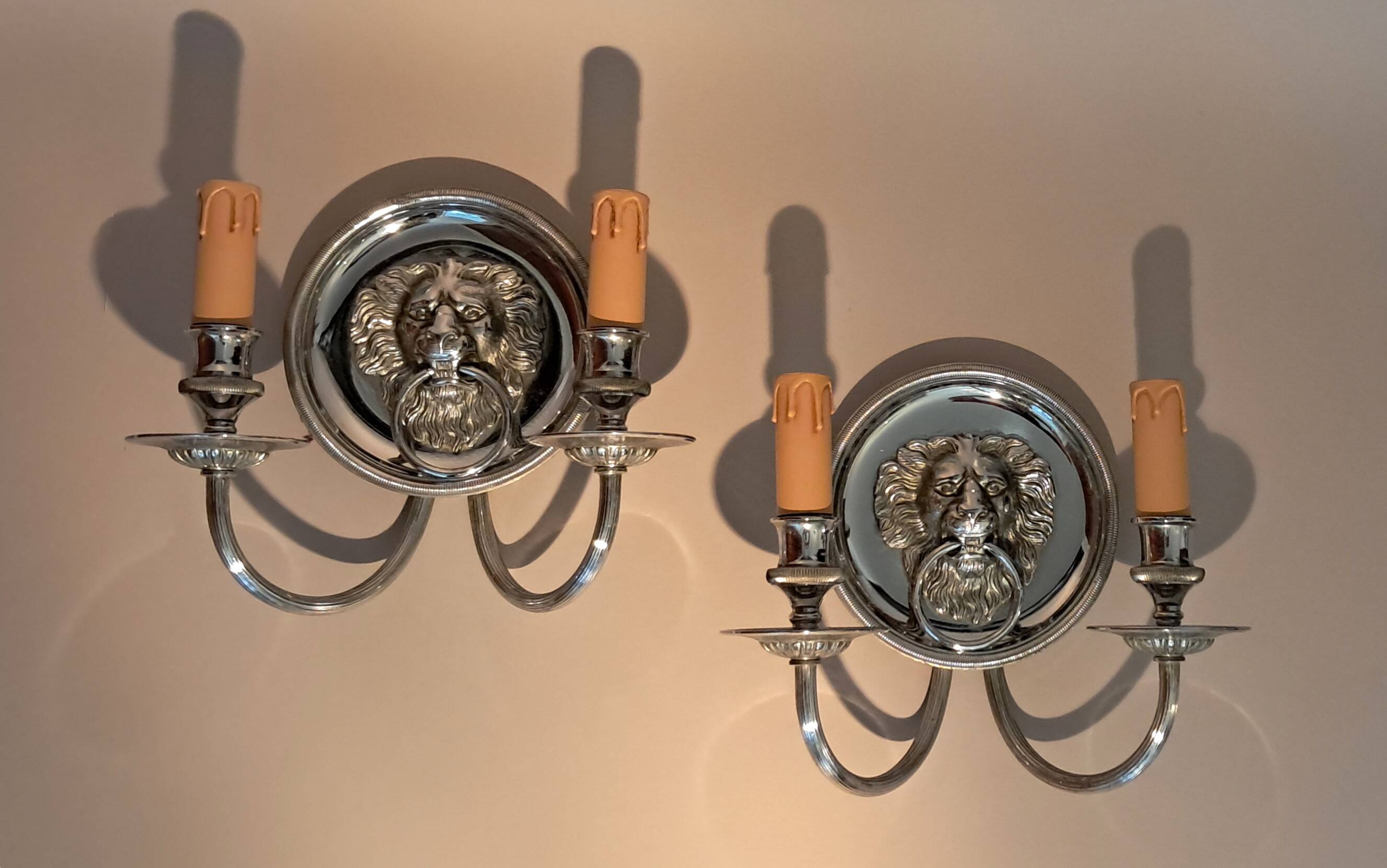 Pair of two-armed silver-plated bronze wall lights from Maison Charles, 1960.