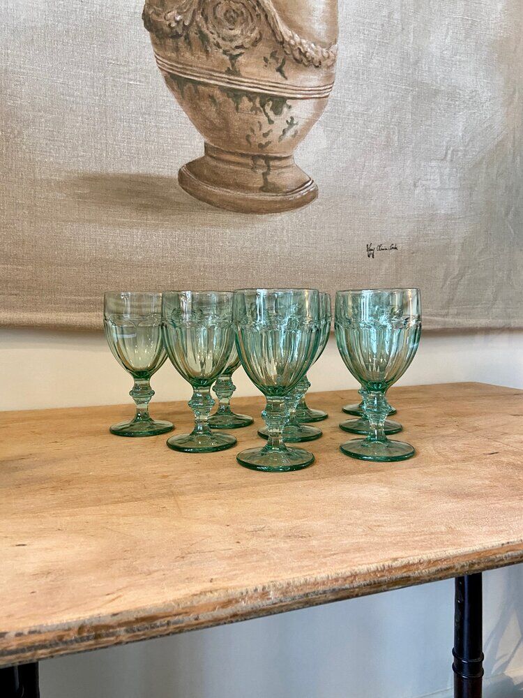 9 green molded glass glasses