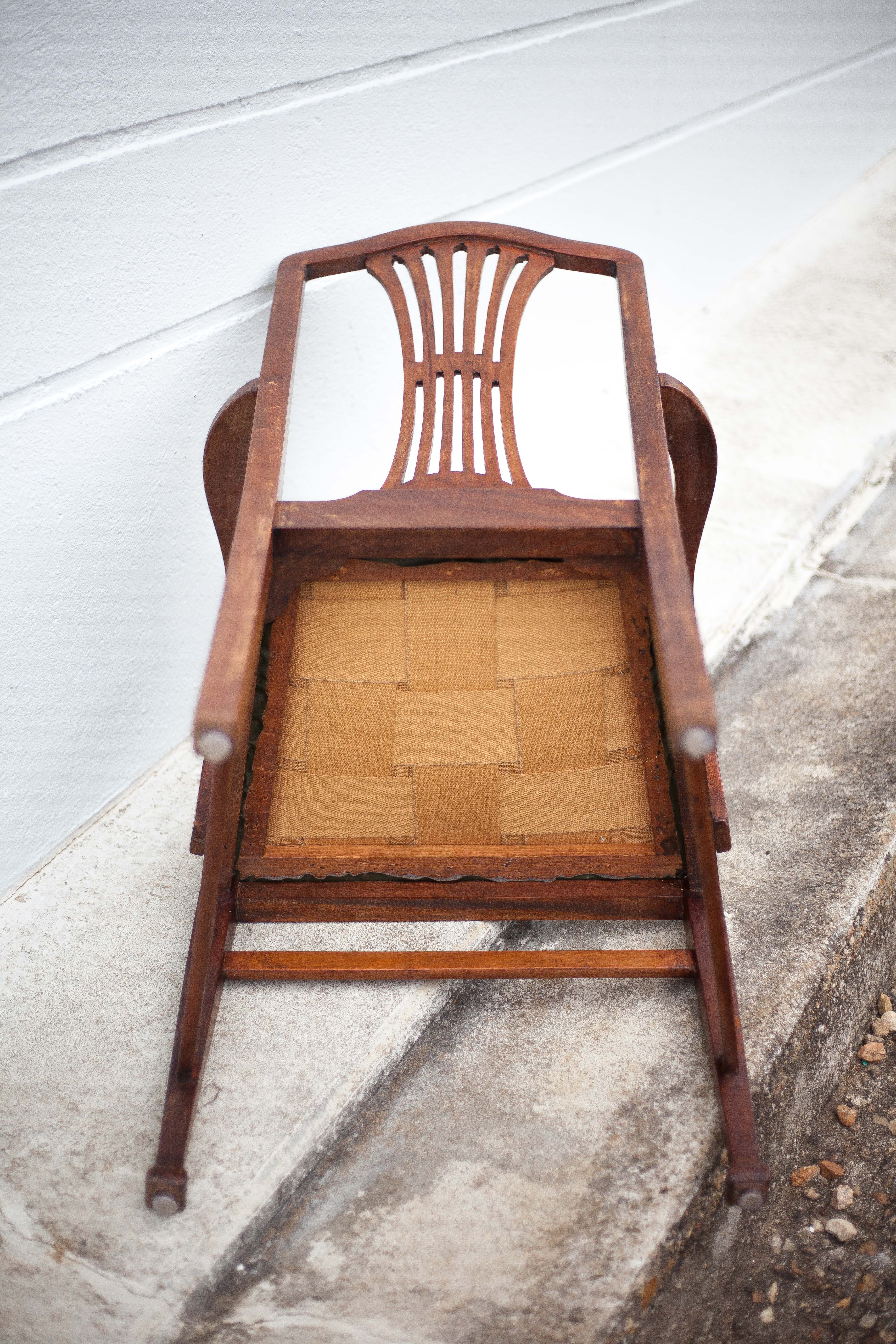 Art Nouveau armchair, wooden armchair with green leather seat, guimard style legs, living room, library