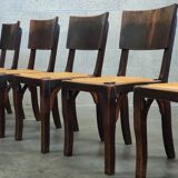 Suite of 6 chairs brutalist style straw and solid oak