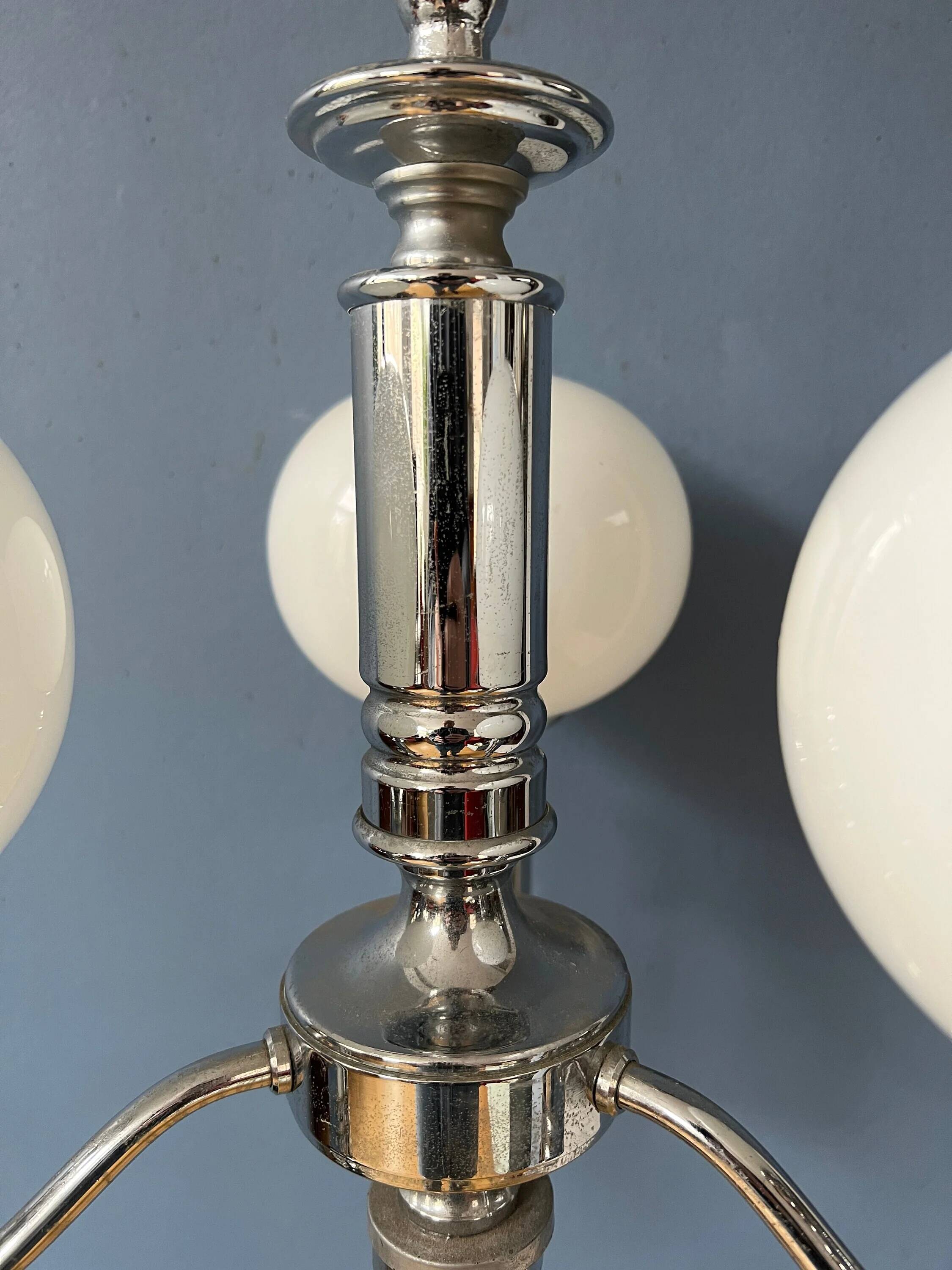 Mid-Century opaline glass chandelier with chrome structure