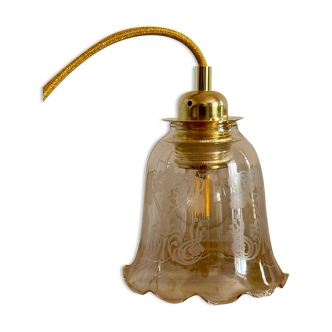 Vintage tulip hand lamp in amber glass