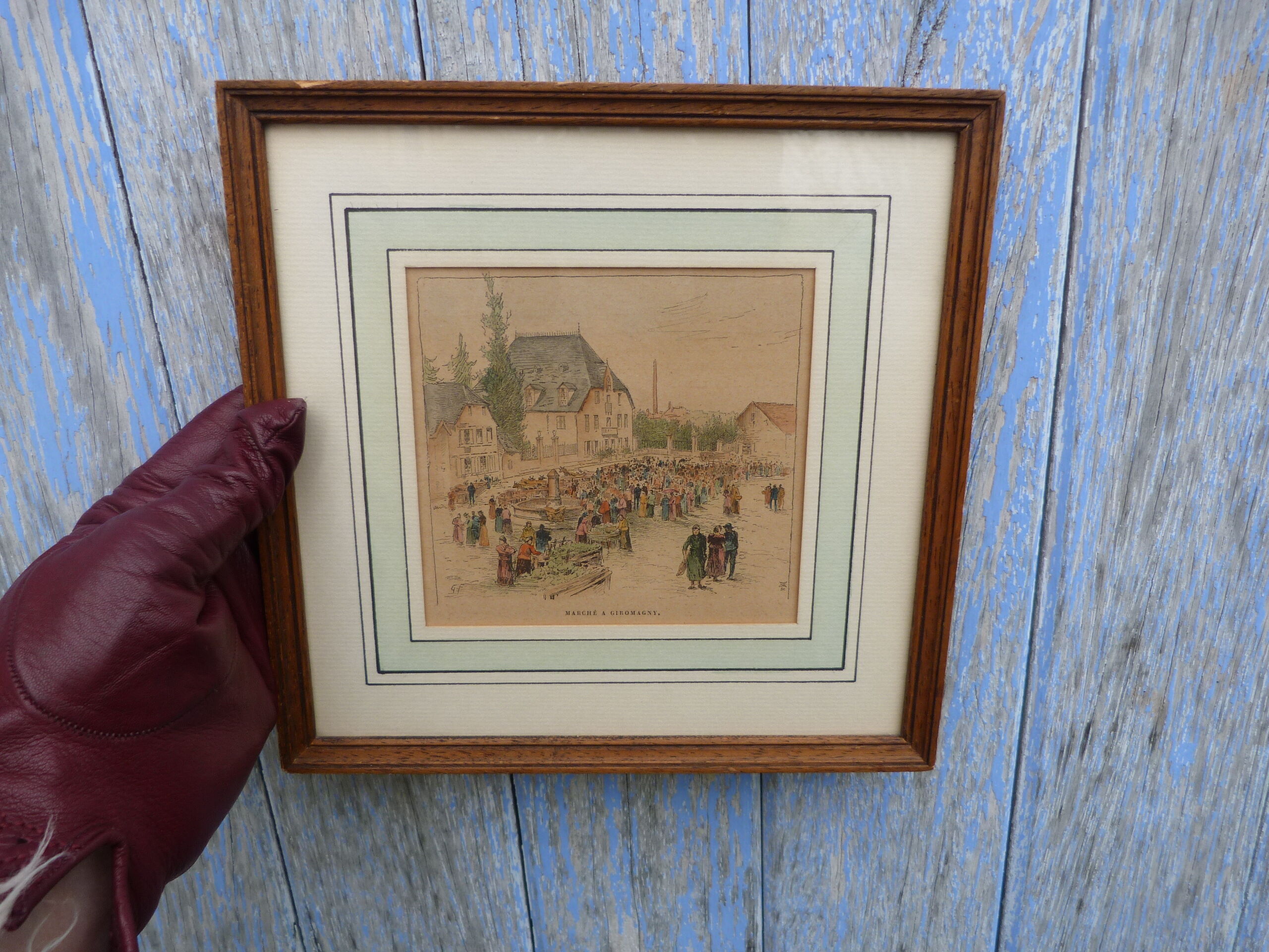 Enhanced watercolor engraving Giromagny market signed G.F