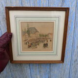 Enhanced watercolor engraving Giromagny market signed G.F