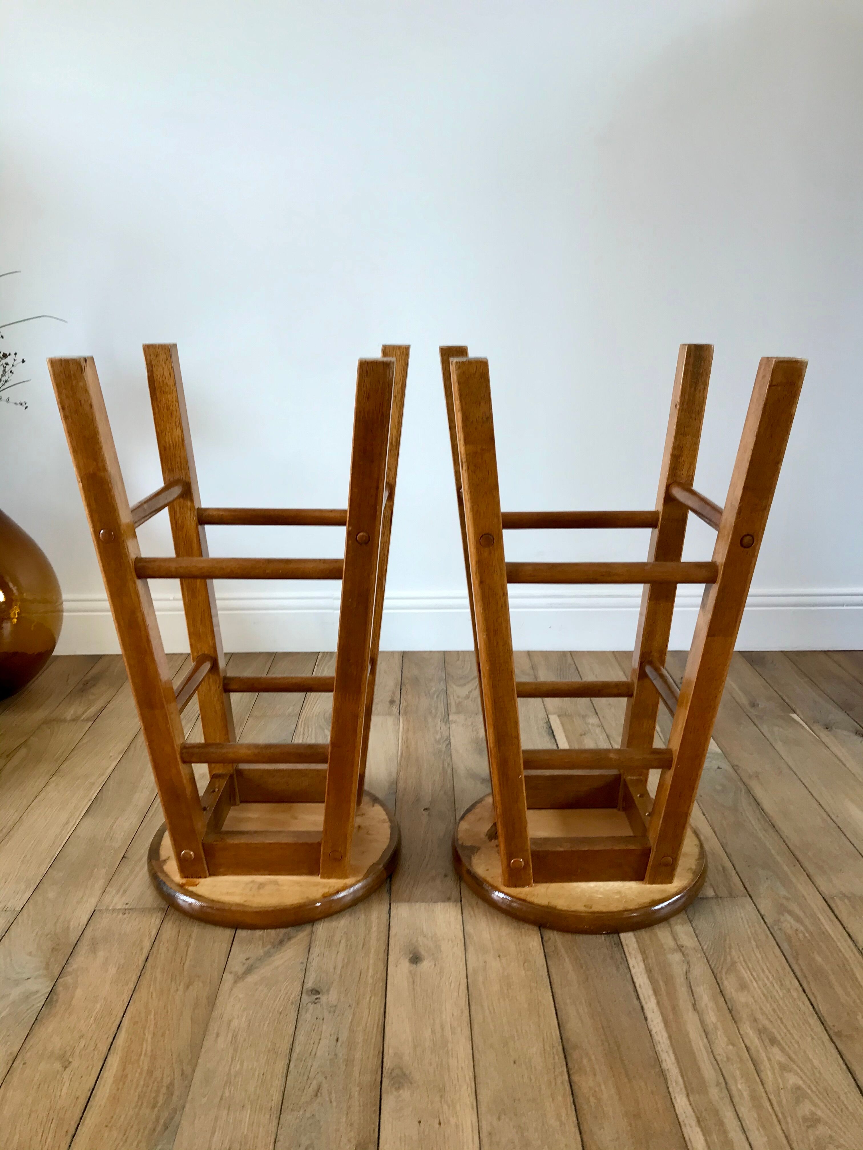Pair of high stools / bar varnished wood 60-70s