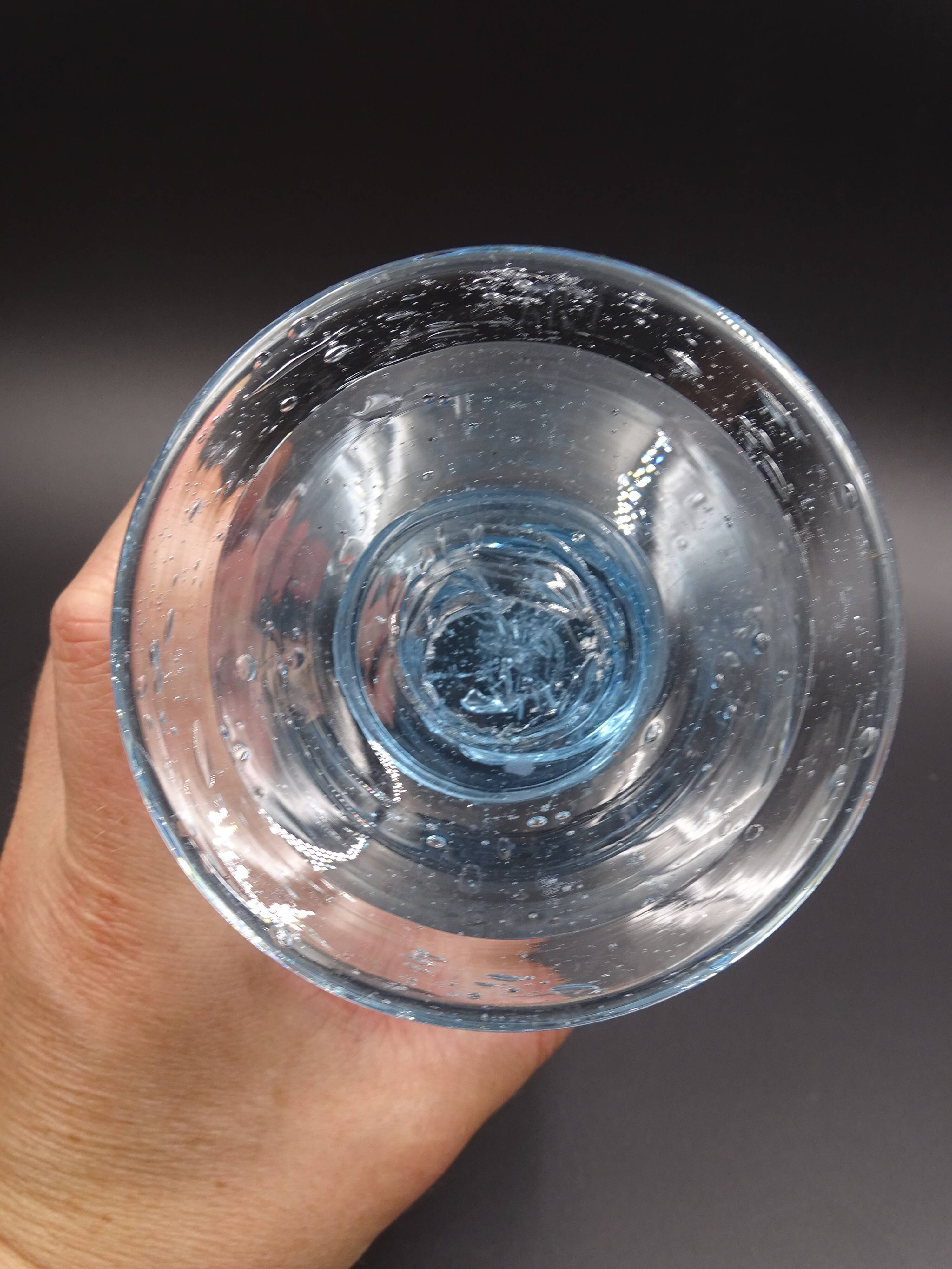 Candlestick or photophore in sky blue bulled glass, signed Biot