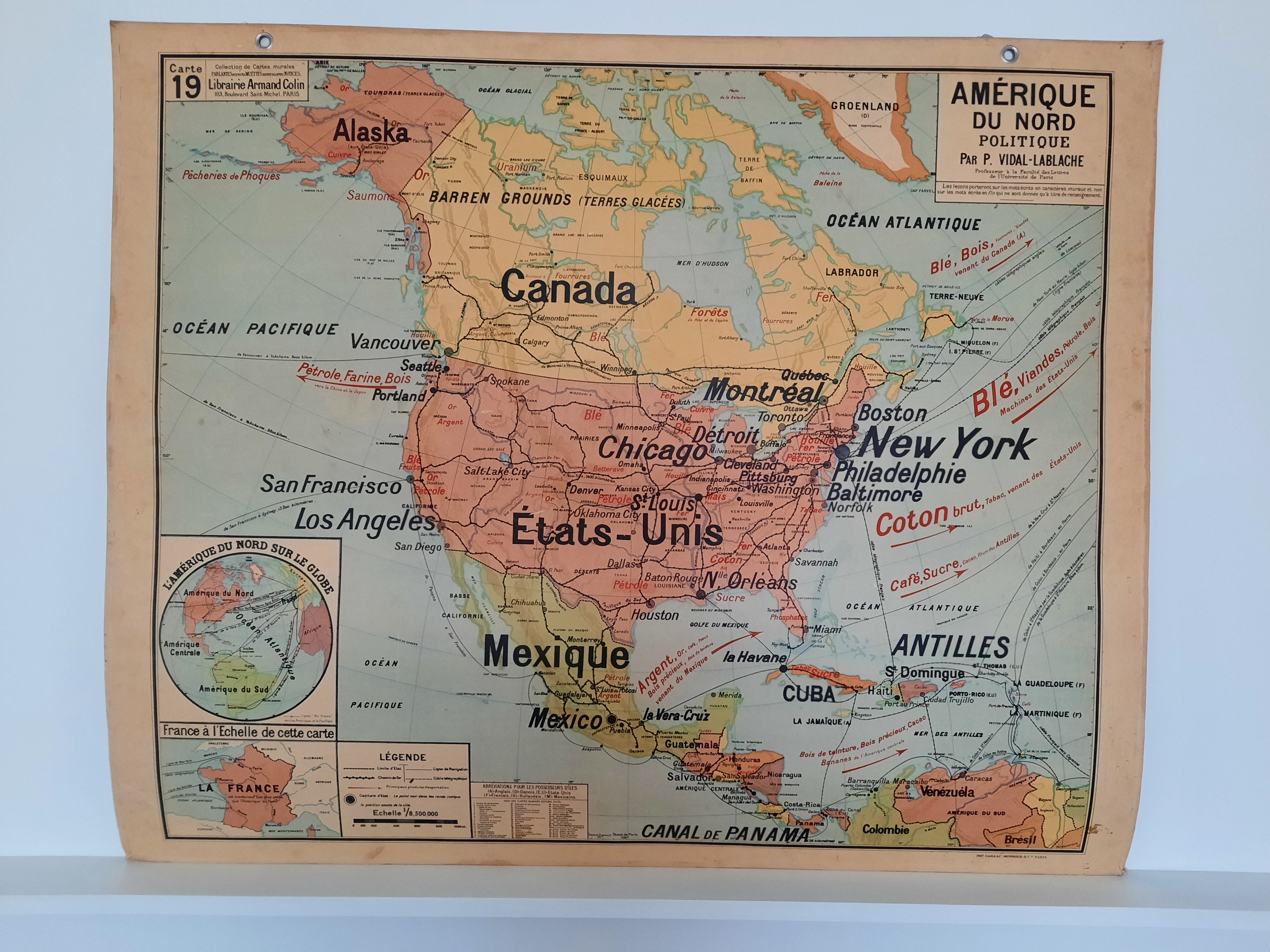 Carte scolaire ancienne de l.'Amérique du Nord, Vidal-Lablache U.S.A. cartonnée