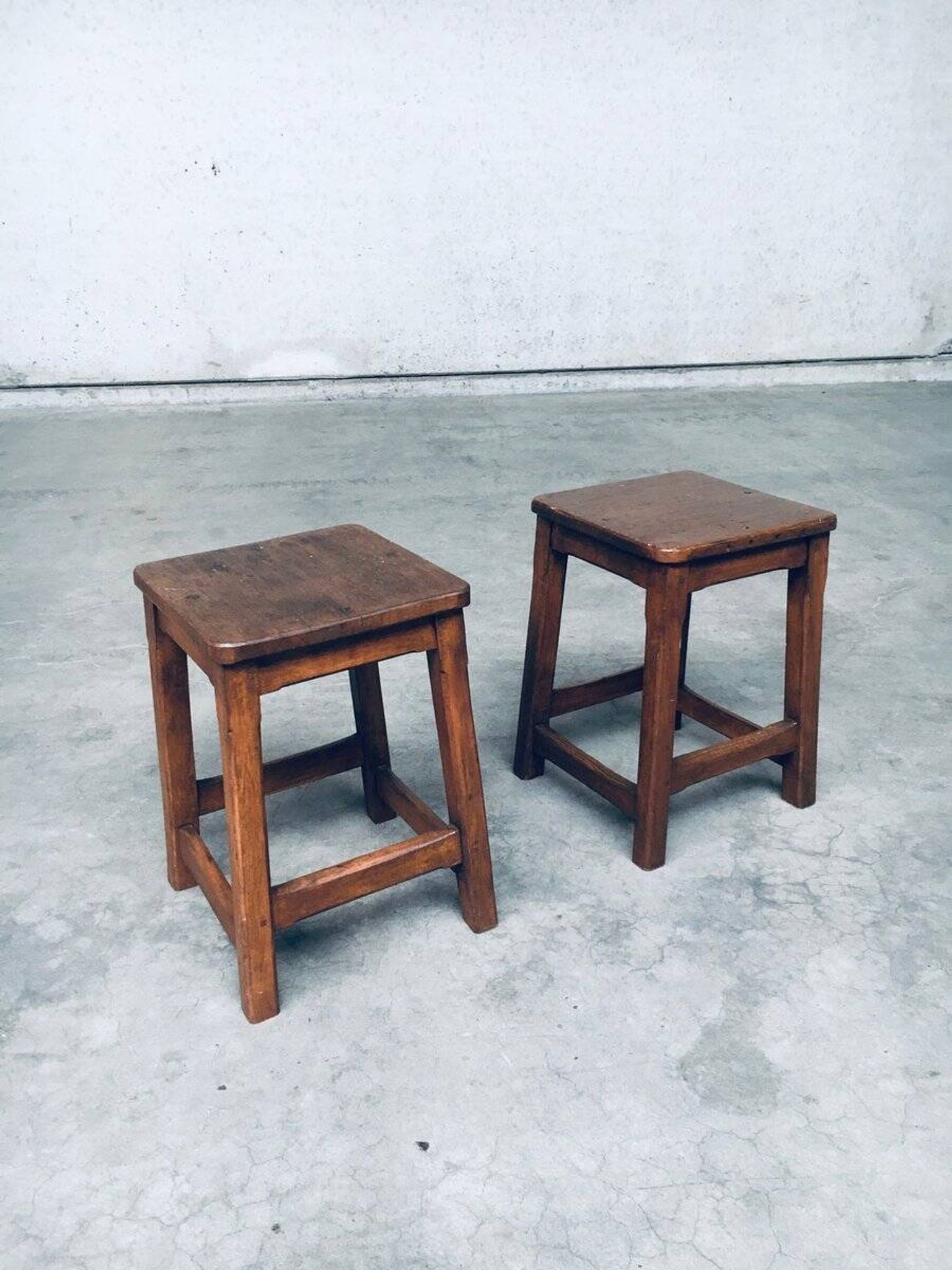 Set of Belgian Handcrafted Wooden Stools, 1940s