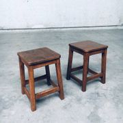 Set of Belgian Handcrafted Wooden Stools, 1940s