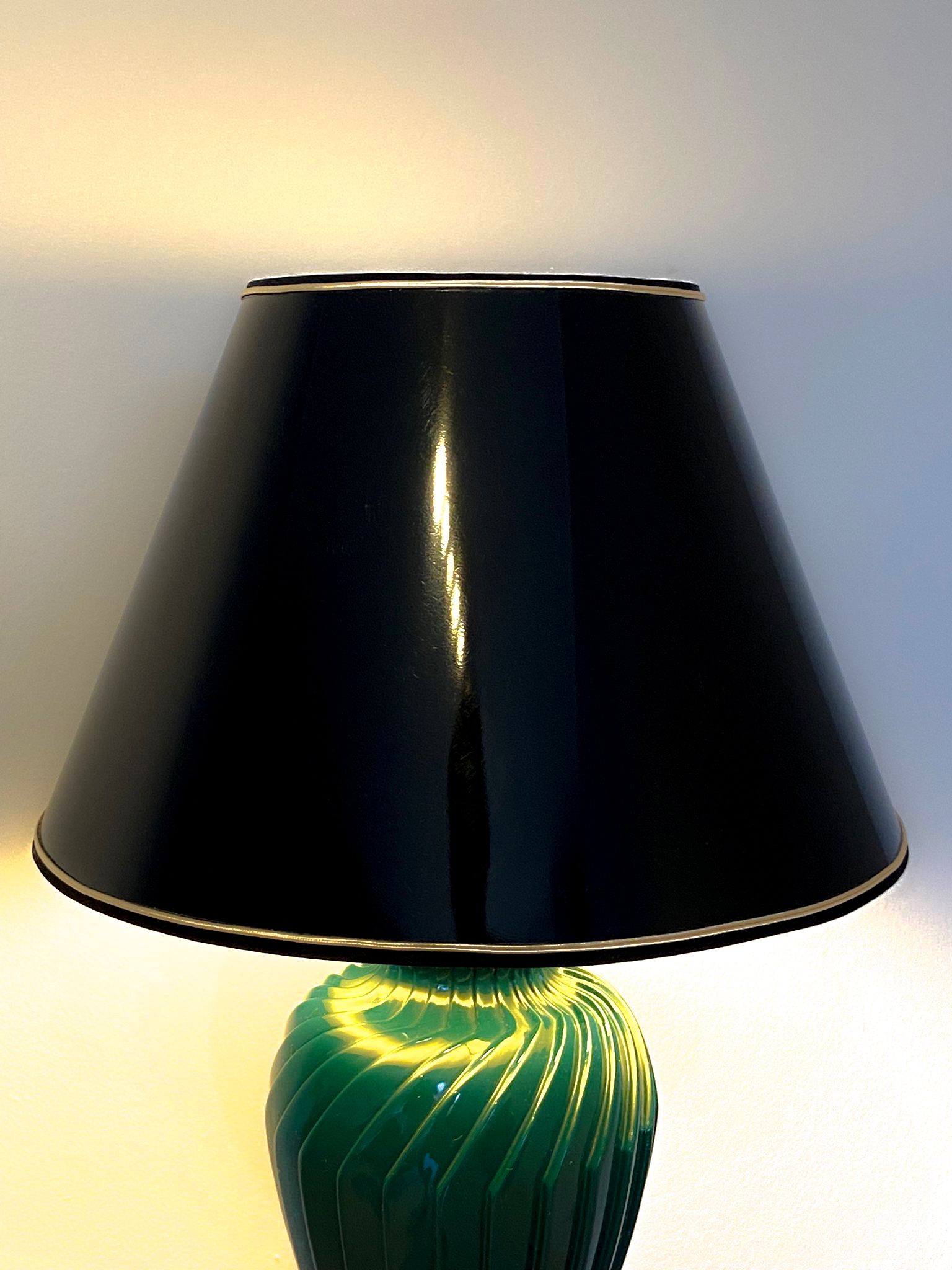 Green lacquered porcelain table lamp, Italy 70s