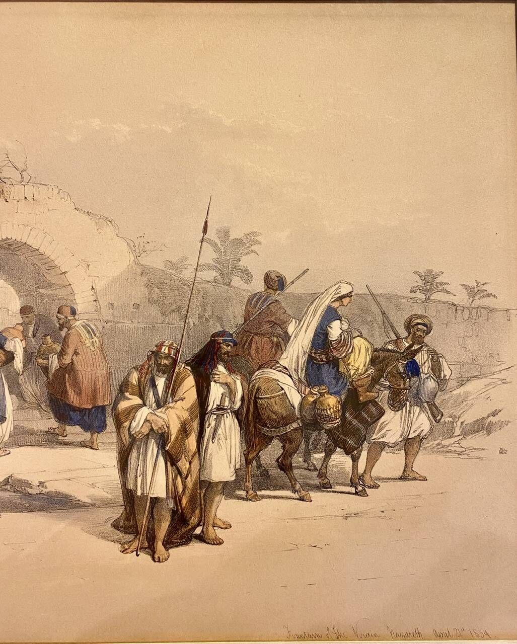 Old lithograph Fountain of the Virgin, Nazareth after David Roberts 20th century