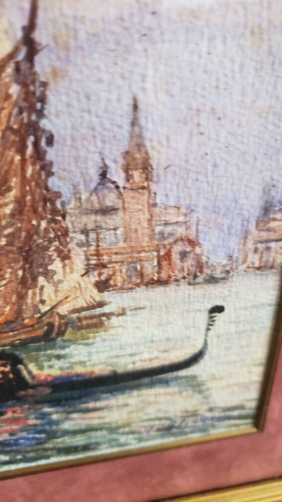 Watercolor painting "Gondola in Venice" by Alfred Justin Blondeau (XIXth).