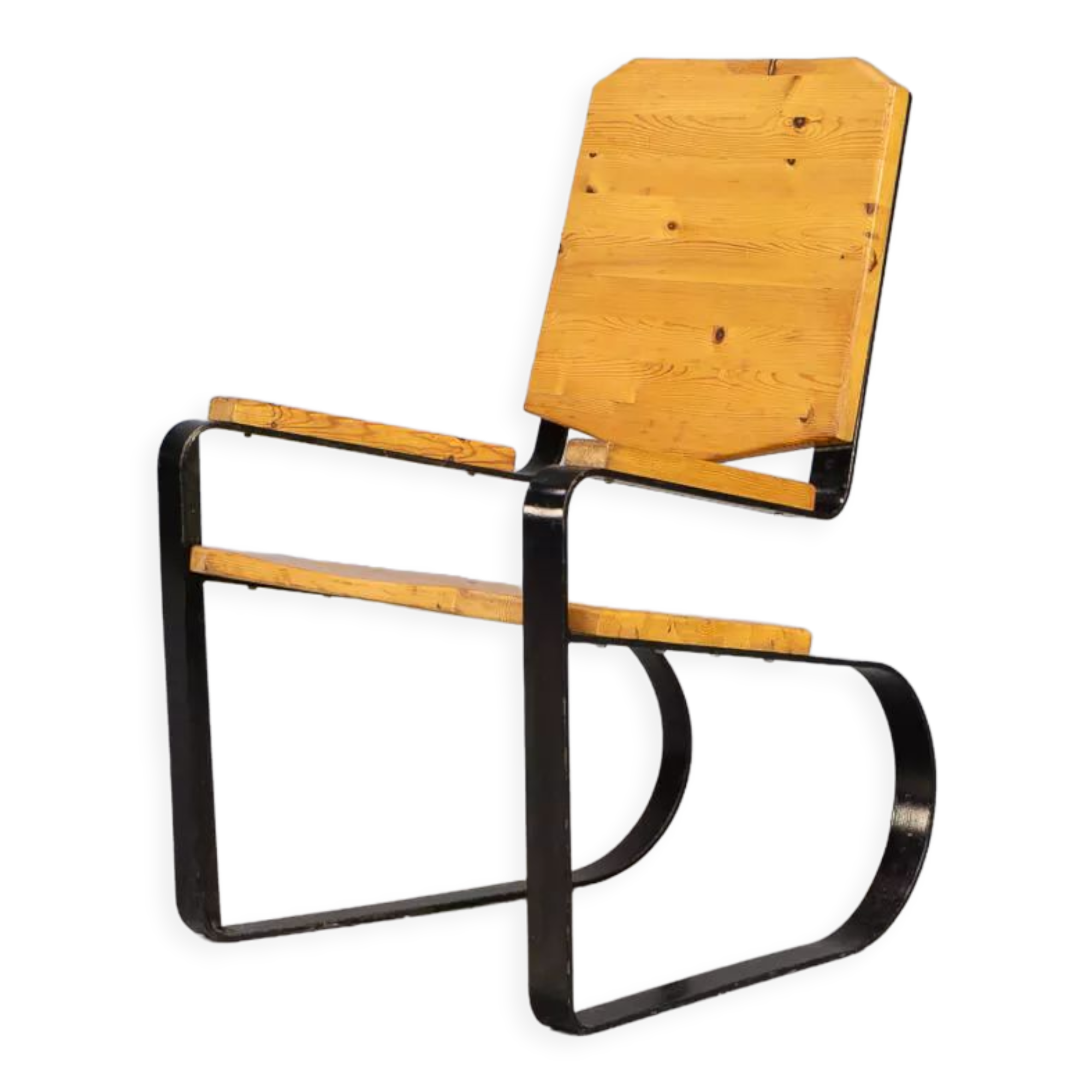 60s Unique metal cantilever framed lounge chair with pine seat