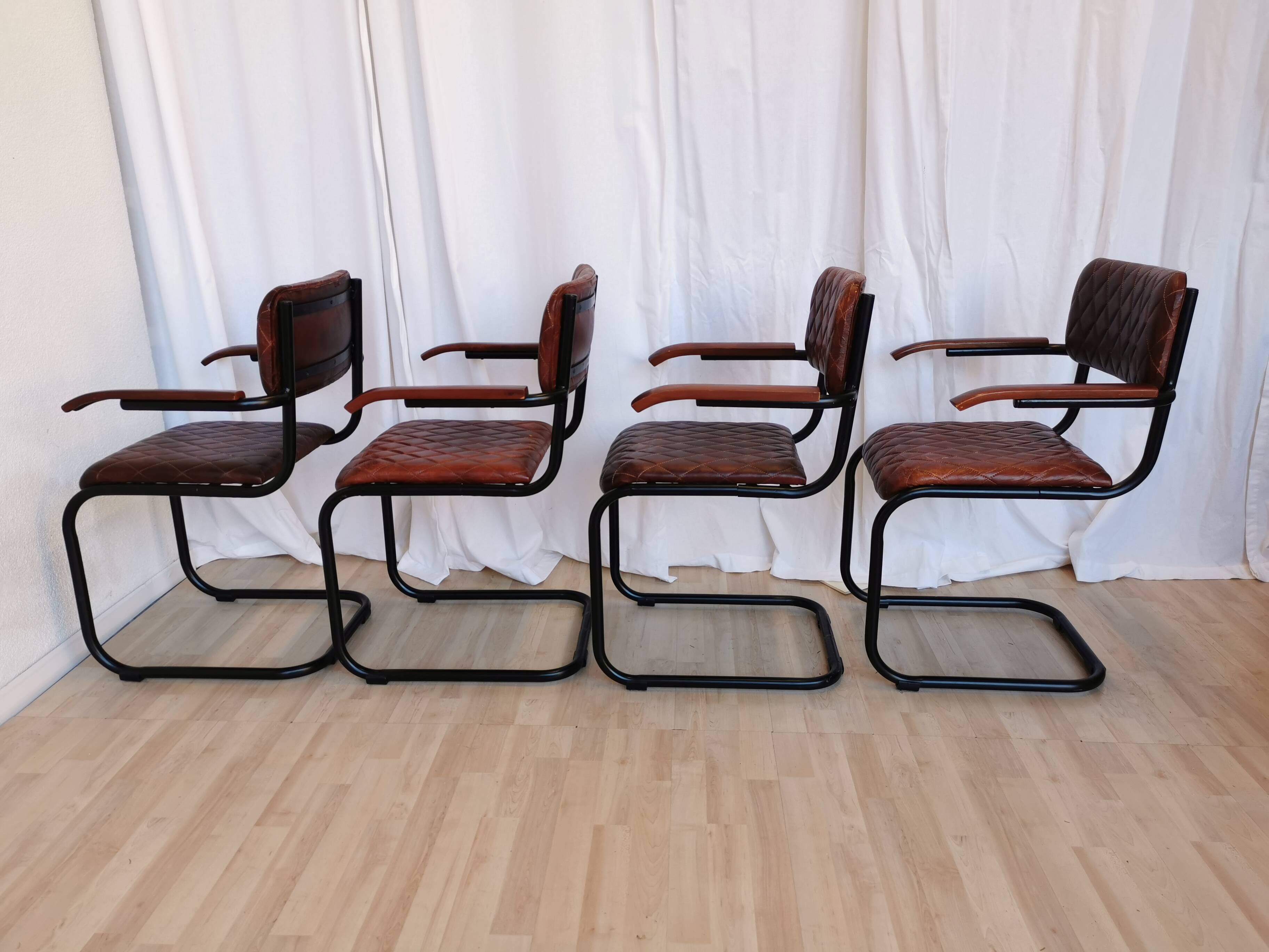 Set of 4 Vintage Quilted Leather Dining Chairs: Black Metal Base